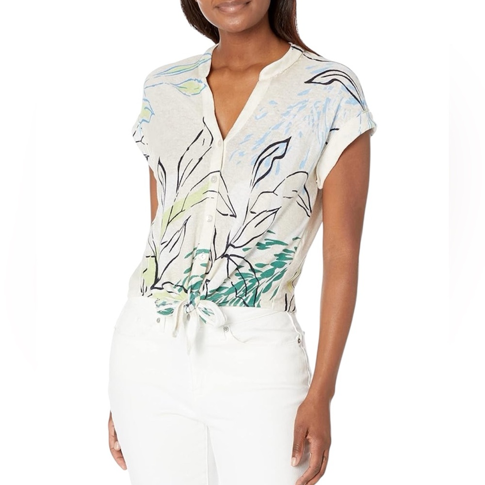 NIC+ZOE Cream/Green Waterfront Short Sleeve Button Tie Sweater Top Medium $128 - Picture 1 of 11